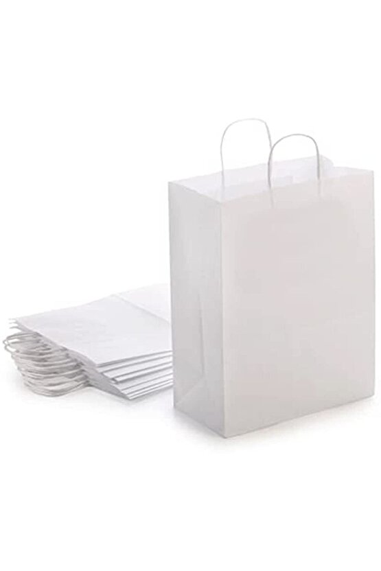 Beyaz Kraft Kâğıt Poşet (32x12x41 Cm) Burgu Saplı Kâğıt Torba (25 Adet) Kâğıt Çanta