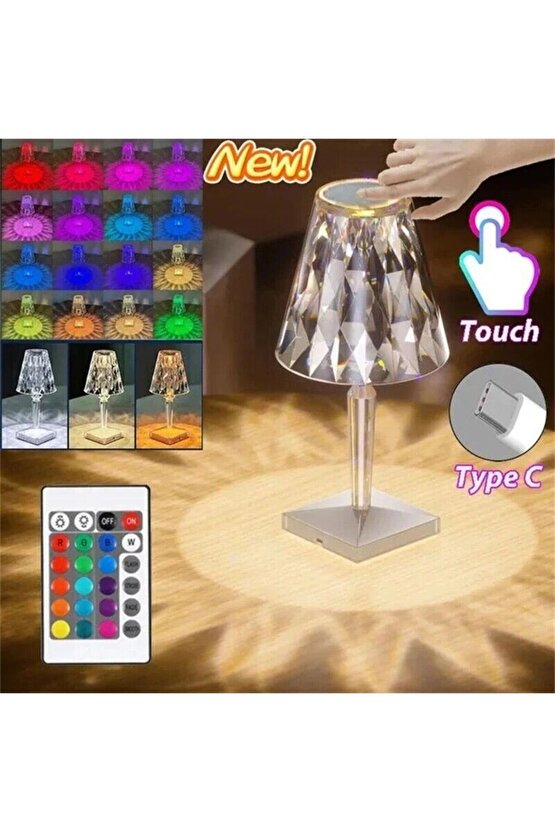 CRYSTAL TABLE LAMP ŞARJLI RGB LED IŞIKLI ABAJUR GECE LAMBASI UZAKTAN KUMANDALI DOKUNMATİK TUŞLU