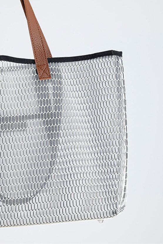 Kadın Beyaz Petek Desenli Şeffaf Büyük Boy Plaj Ve Alışveriş Shopper Tote Omuz Çantası