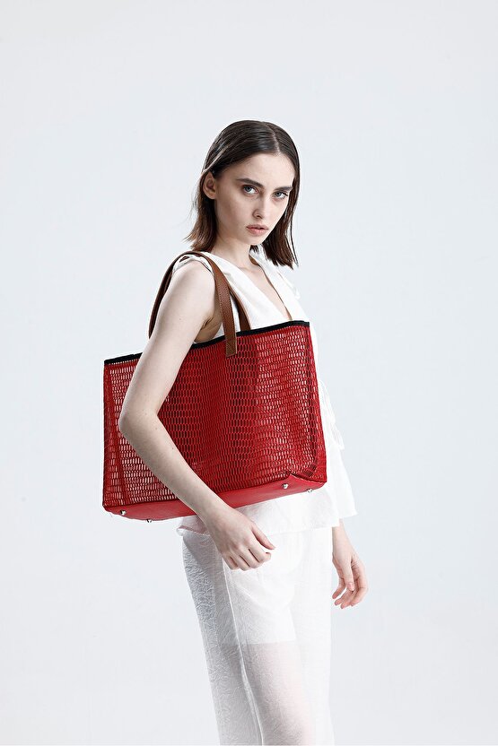 Kadın Kırmızı Petek Desenli Şeffaf Büyük Boy Plaj Ve Alışveriş Shopper Tote Omuz Çantası