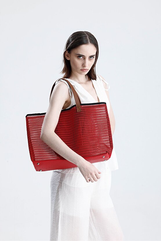 Kadın Kırmızı Petek Desenli Şeffaf Büyük Boy Plaj Ve Alışveriş Shopper Tote Omuz Çantası