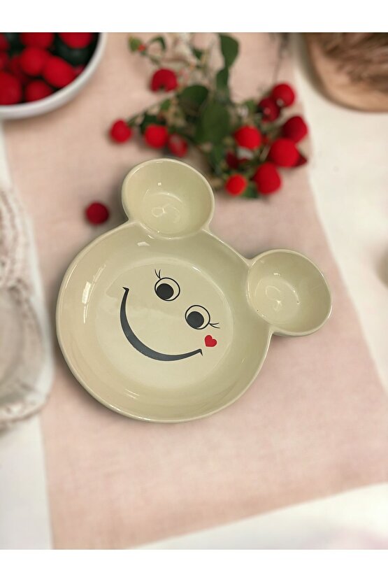 Eğlenceli Çocuk Gülen Yüz Emojili Mama, Yemek, Kahvaltı Ve Pasta Tabağı 1 Adet Krem