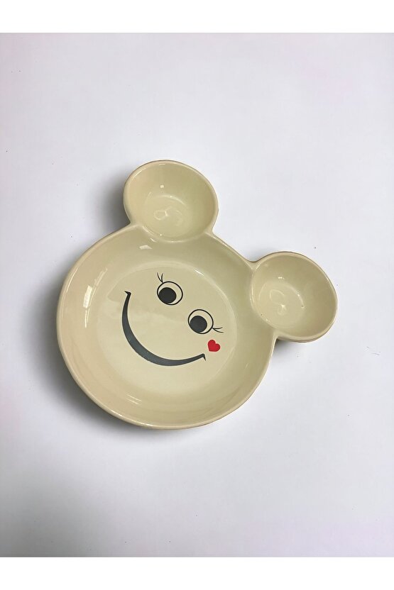 Eğlenceli Çocuk Gülen Yüz Emojili Mama, Yemek, Kahvaltı Ve Pasta Tabağı 1 Adet Krem