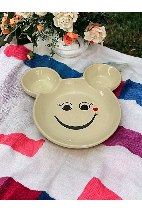 Eğlenceli Çocuk Gülen Yüz Emojili Mama, Yemek, Kahvaltı Ve Pasta Tabağı 1 Adet Krem
