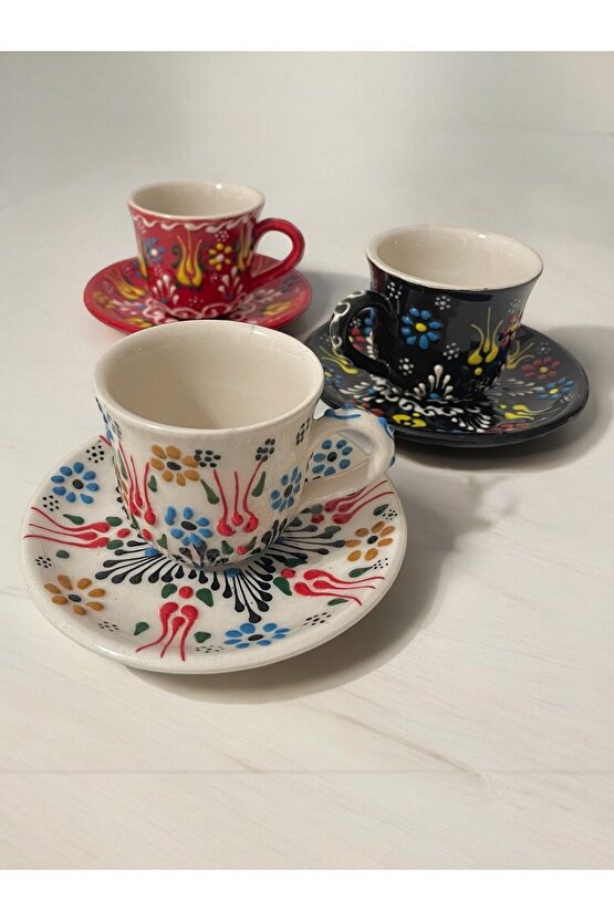 Dekoratif 3 Kişilik Şık Lale Çini Tasarımlı Tamamen El Yapımı Kahve Fincan Seti