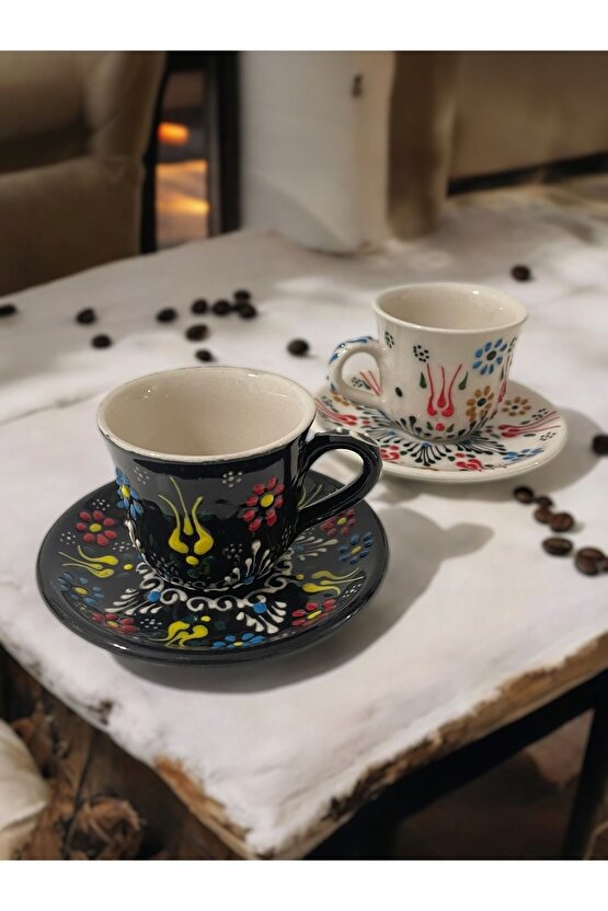 Dekoratif 2 Kişilik Şık Lale Çini Tasarımlı Tamamen El Yapımı Kahve Fincan Seti