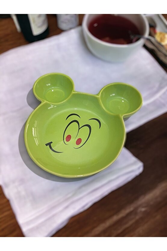 Eğlenceli Çocuk Gülen Yüz Emojili Mama, Yemek, Kahvaltı Ve Pasta Tabağı 1 Adet Yeşil