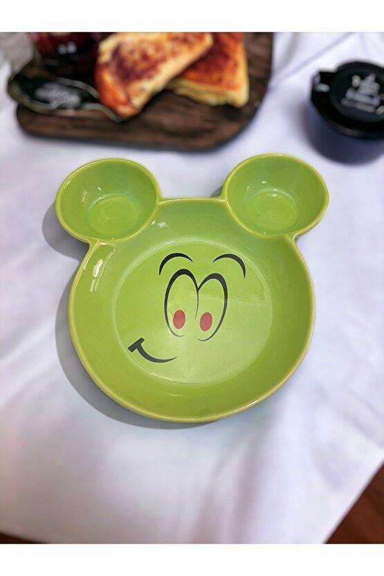 Eğlenceli Çocuk Gülen Yüz Emojili Mama, Yemek, Kahvaltı Ve Pasta Tabağı 1 Adet Yeşil