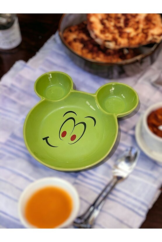 Eğlenceli Çocuk Gülen Yüz Emojili Mama, Yemek, Kahvaltı Ve Pasta Tabağı 1 Adet Yeşil