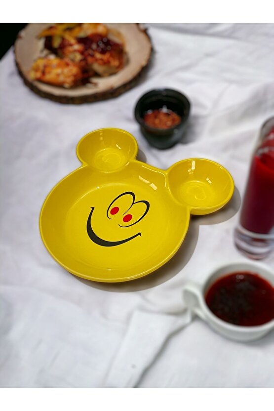 Eğlenceli Çocuk Gülen Yüz Emojili Mama, Yemek, Kahvaltı Ve Pasta Tabağı 1 Adet Sarı