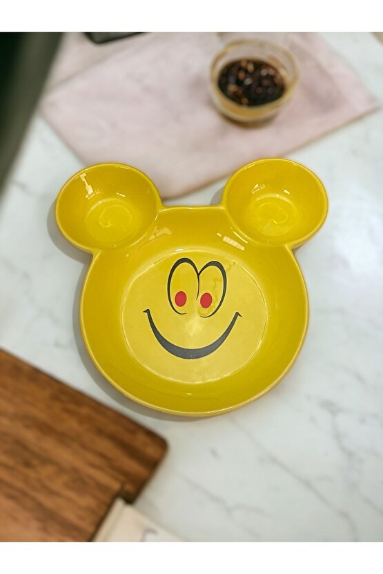 Eğlenceli Çocuk Gülen Yüz Emojili Mama, Yemek, Kahvaltı Ve Pasta Tabağı 1 Adet Sarı