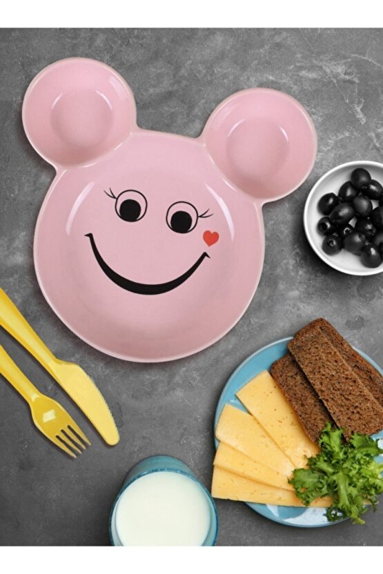 Eğlenceli Çocuk Gülen Yüz Emojili Mama, Yemek, Kahvaltı Ve Pasta Tabağı 1 Adet Pembe