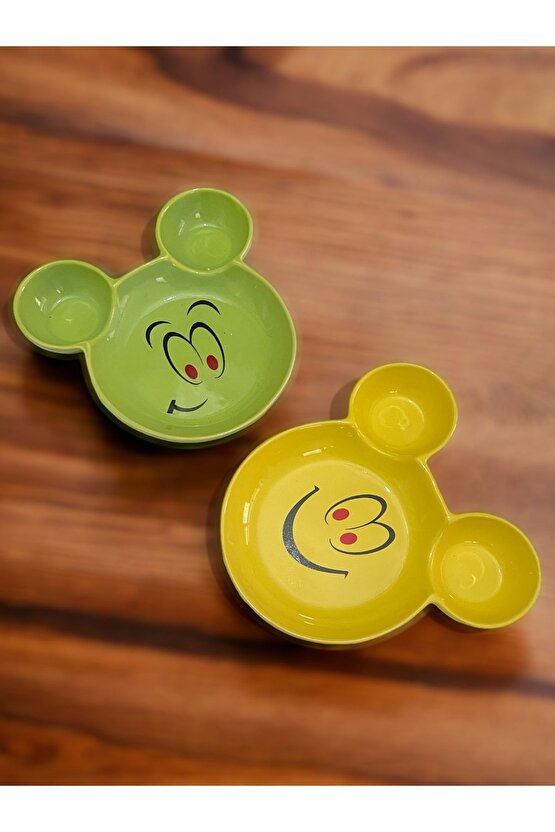 Eğlenceli, Gülen Yüz Emojili Çocuk Mama, Yemek, Kahvaltı Ve Pasta Tabağı 2 Adet Sarı-yeşil