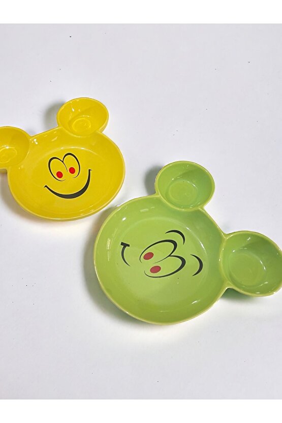 Eğlenceli, Gülen Yüz Emojili Çocuk Mama, Yemek, Kahvaltı Ve Pasta Tabağı 2 Adet Sarı-yeşil