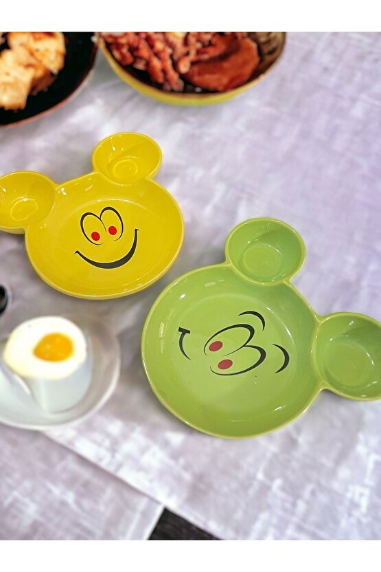 Eğlenceli, Gülen Yüz Emojili Çocuk Mama, Yemek, Kahvaltı Ve Pasta Tabağı 2 Adet Sarı-yeşil