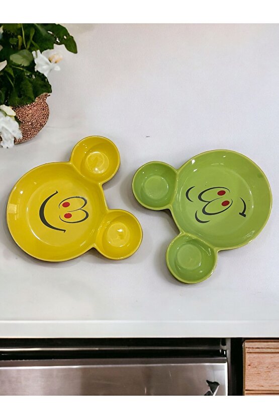 Eğlenceli, Gülen Yüz Emojili Çocuk Mama, Yemek, Kahvaltı Ve Pasta Tabağı 2 Adet Sarı-yeşil