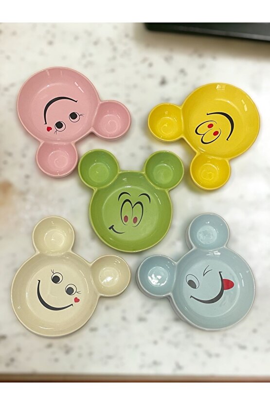 Eğlenceli Çocuk Mama, Yemek, Kahvaltı ve Pasta Tabağı 5 Adet Sarı-Yeşil-Mavi-Pembe-Krem