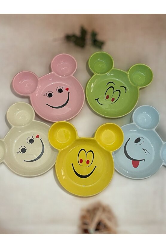 Eğlenceli Çocuk Mama, Yemek, Kahvaltı ve Pasta Tabağı 5 Adet Sarı-Yeşil-Mavi-Pembe-Krem