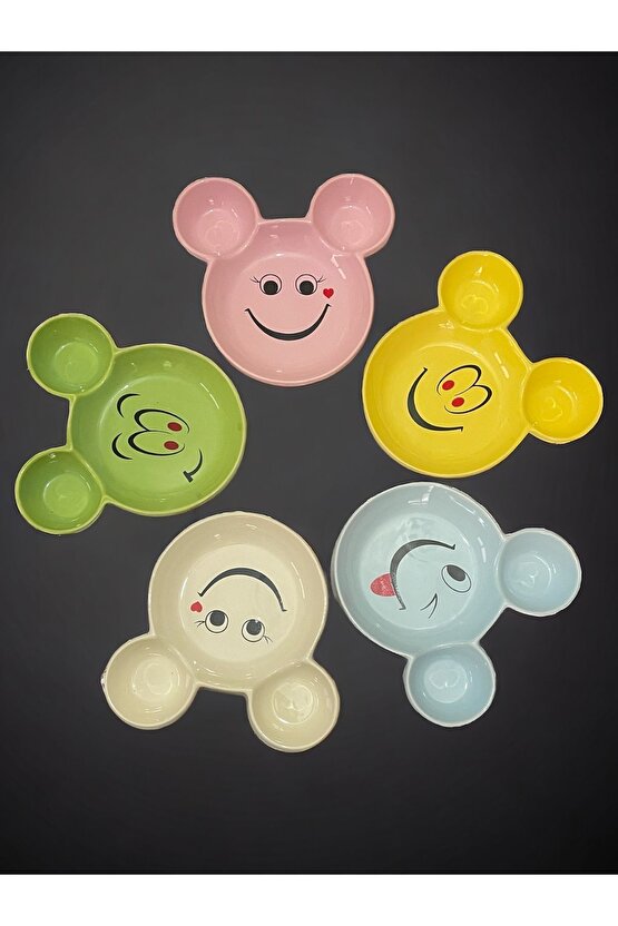 Eğlenceli Çocuk Mama, Yemek, Kahvaltı ve Pasta Tabağı 5 Adet Sarı-Yeşil-Mavi-Pembe-Krem