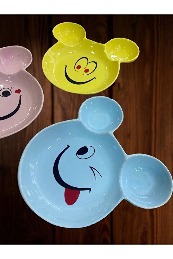 Eğlenceli Çocuk Gülen Yüz Emojili Mama, Yemek, Kahvaltı Ve Pasta Tabağı 3 Adet Pembe-mavi-sarı