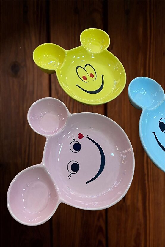 Eğlenceli Çocuk Gülen Yüz Emojili Mama, Yemek, Kahvaltı Ve Pasta Tabağı 3 Adet Pembe-mavi-sarı