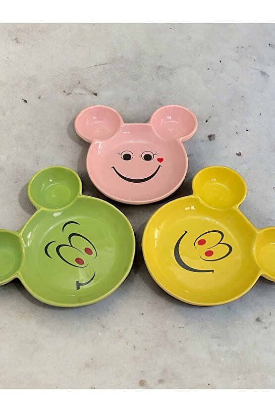 Eğlenceli, Gülen Yüz Emojili Çocuk Mama, Yemek, Kahvaltı Ve Pasta Tabağı 3 Adet Sarı-yeşil-pembe