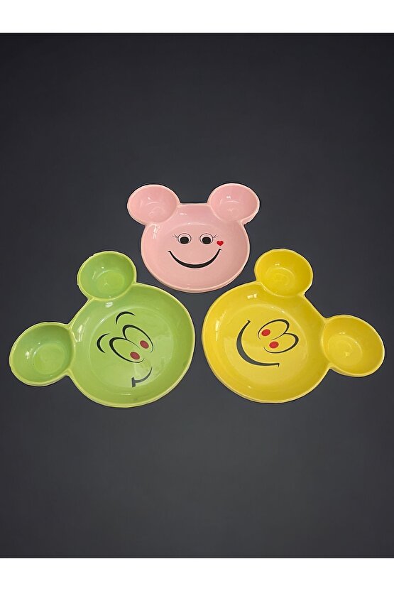 Eğlenceli, Gülen Yüz Emojili Çocuk Mama, Yemek, Kahvaltı Ve Pasta Tabağı 3 Adet Sarı-yeşil-pembe