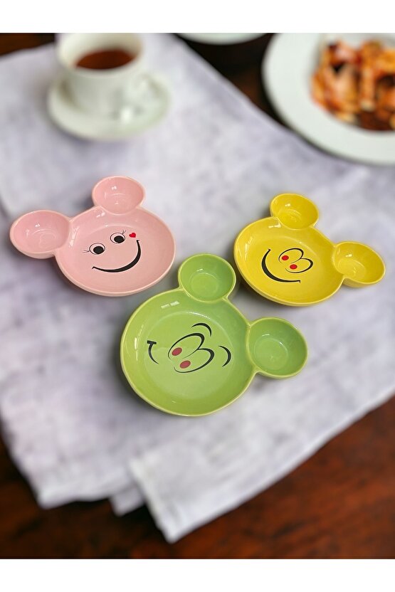 Eğlenceli, Gülen Yüz Emojili Çocuk Mama, Yemek, Kahvaltı Ve Pasta Tabağı 3 Adet Sarı-yeşil-pembe