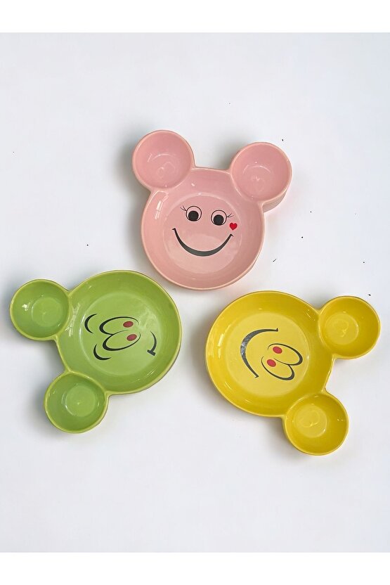 Eğlenceli, Gülen Yüz Emojili Çocuk Mama, Yemek, Kahvaltı Ve Pasta Tabağı 3 Adet Sarı-yeşil-pembe
