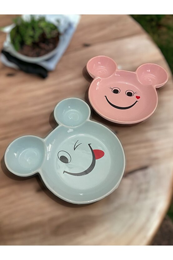 Eğlenceli Çocuk Gülen Yüz Emojili Mama, Yemek, Kahvaltı Ve Pasta Tabağı 2 Adet Pembe-mavi