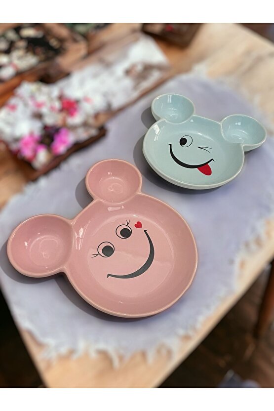 Eğlenceli Çocuk Gülen Yüz Emojili Mama, Yemek, Kahvaltı Ve Pasta Tabağı 2 Adet Pembe-mavi
