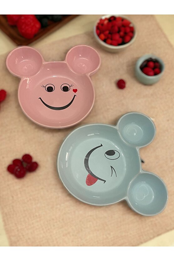 Eğlenceli Çocuk Gülen Yüz Emojili Mama, Yemek, Kahvaltı Ve Pasta Tabağı 2 Adet Pembe-mavi