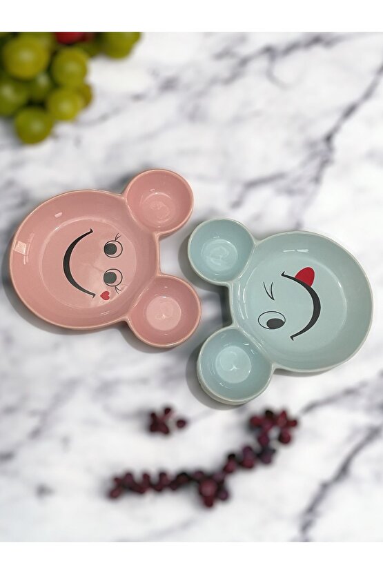 Eğlenceli Çocuk Gülen Yüz Emojili Mama, Yemek, Kahvaltı Ve Pasta Tabağı 2 Adet Pembe-mavi