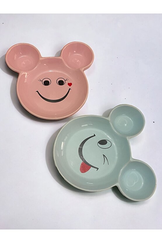 Eğlenceli Çocuk Gülen Yüz Emojili Mama, Yemek, Kahvaltı Ve Pasta Tabağı 2 Adet Pembe-mavi