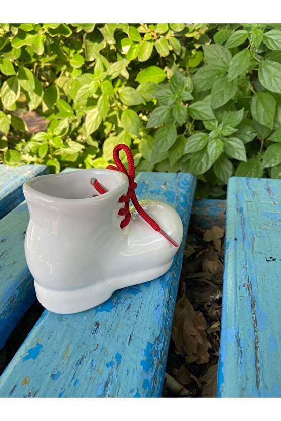 Dekoratif Masa Üstü Seramik Beyaz-kırmızı Ipli Kalemlik Sukulent Saksı