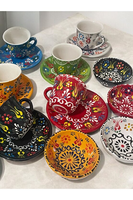 Dekoratif 6 Kişilik Şık Lale Çini Tasarımlı Tamamen El Yapımı Kahve Fincanı ve 10 cm Sosluk
