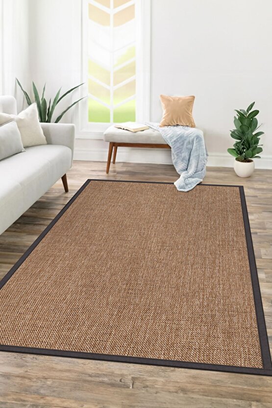 0604-Antrasit Kumaş Bordür Sisal Halı Kilim Hav Toz Vermez Kolay Temizlenen Hasır Kilim
