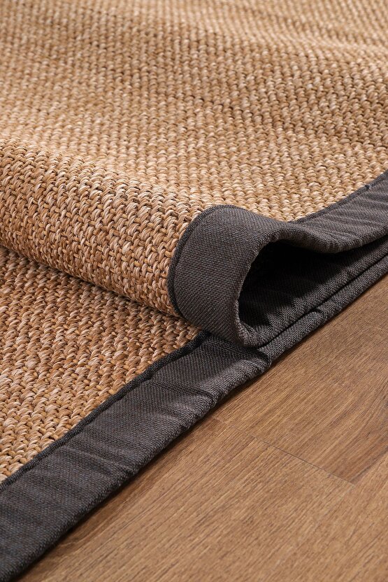 0604-Antrasit Kumaş Bordür Sisal Halı Kilim Hav Toz Vermez Kolay Temizlenen Hasır Kilim