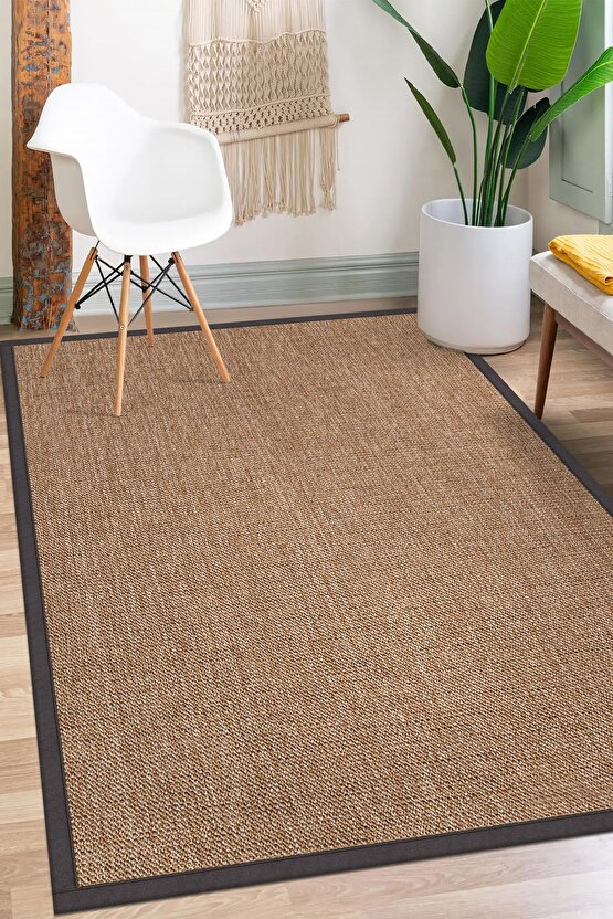 0604-Antrasit Kumaş Bordür Sisal Halı Kilim Hav Toz Vermez Kolay Temizlenen Hasır Kilim