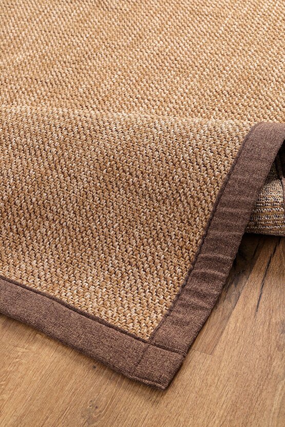 0604-Kahve Kumaş Bordür Sisal Halı Kilim Hav Toz Vermez Kolay Temizlenen Hasır Kilim
