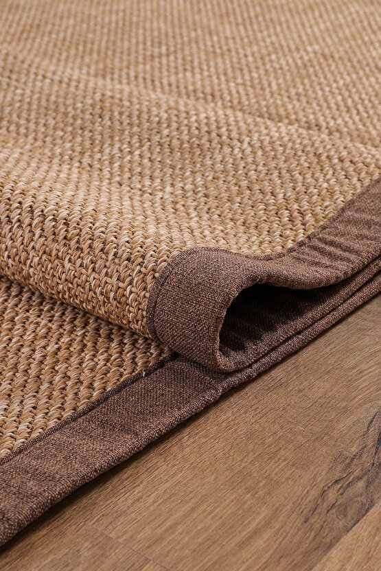 0604-Kahve Kumaş Bordür Sisal Halı Kilim Hav Toz Vermez Kolay Temizlenen Hasır Kilim