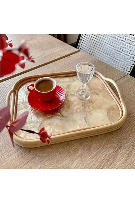Sedef Rattan Dekoratif Tepsi El Yapımı Küçük