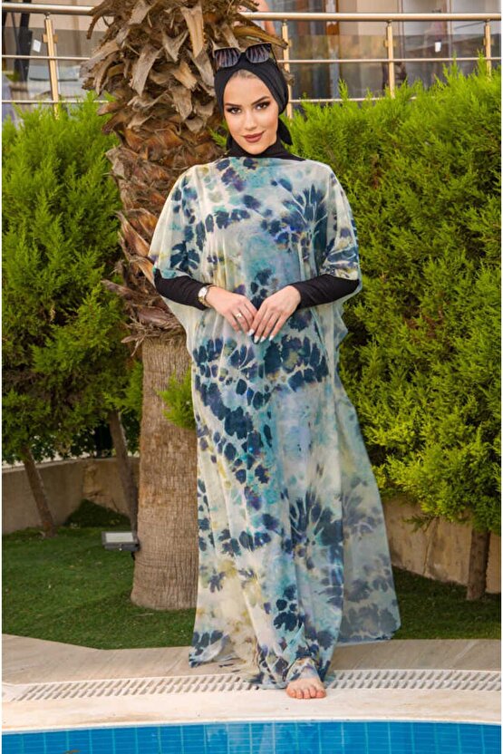 Turkuaz Batik Desenli Tesettür Pareo