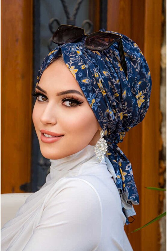 Lacivert Vizon Çiçek Desenli Penye Tokalı Bone - 40410