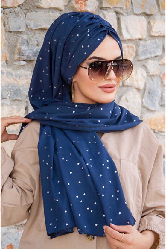 Lacivert Yıldız Şifon Hazır Şal - 50600