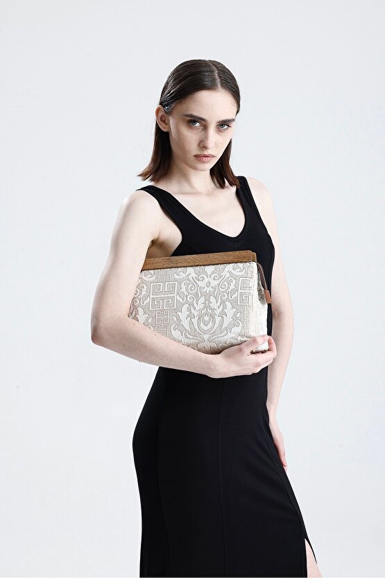 Kadın Krem Otantik Desen Clutch Çanta