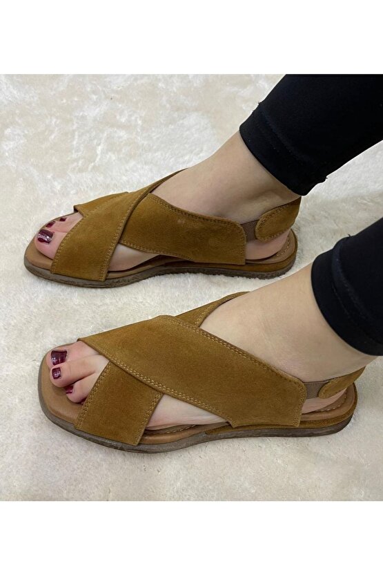 Hakiki Deri Kadın Yazlık Çapraz Model Düz Taban Sandalet