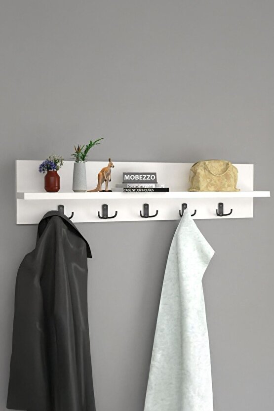 Ahşap Raflı Portmanto Duvar Askılığı Elbise Askılığı 70 Cm
