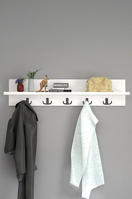 Ahşap Raflı Portmanto Duvar Askılığı Elbise Askılığı 70 Cm