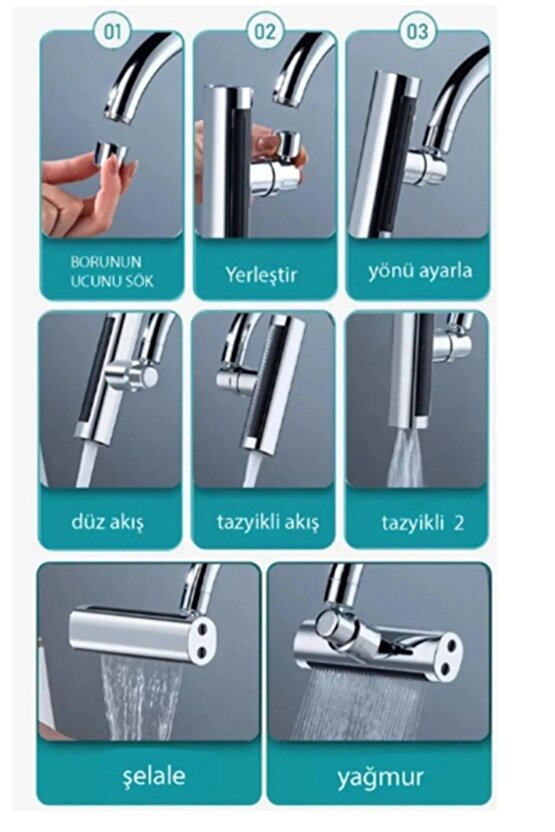 360° Şelale Akrobat 4 Farklı Moduyla Su Tasarruflu Fonksiyonel Akrobat Musluk Ucu Batarya Başlığı